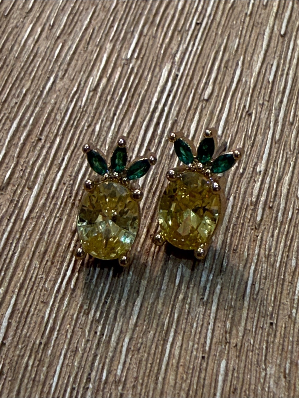 Gold Pineapple Stud Earrings with Yellow and Green Crystals